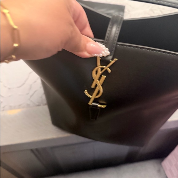 Saint Laurent Black Leather Bucket Tote with Gold YSL Logo - Picture 2 of 3